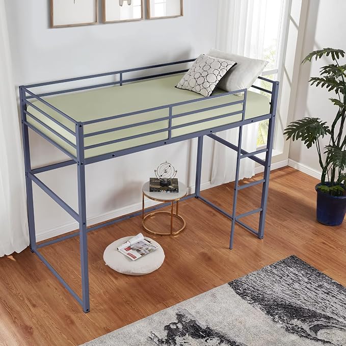Metal Loft Bed Full Size, Loft Bed Frame with Safety Guard Rails & Flat Ladder, Twin Loft Bed for Kids Teens Adults, Gray