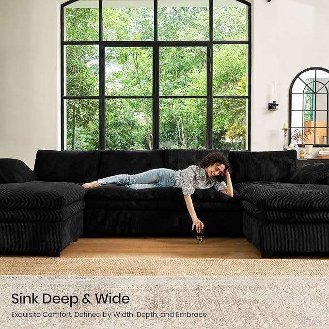 Belffin Large Modular Sectional Sofa with Double Deep Chaise and Loveseat, Corduroy U Shape Couch with 9" Soft Dual-Layer 9 Seats Cushion for Living Room, Apartment, Black