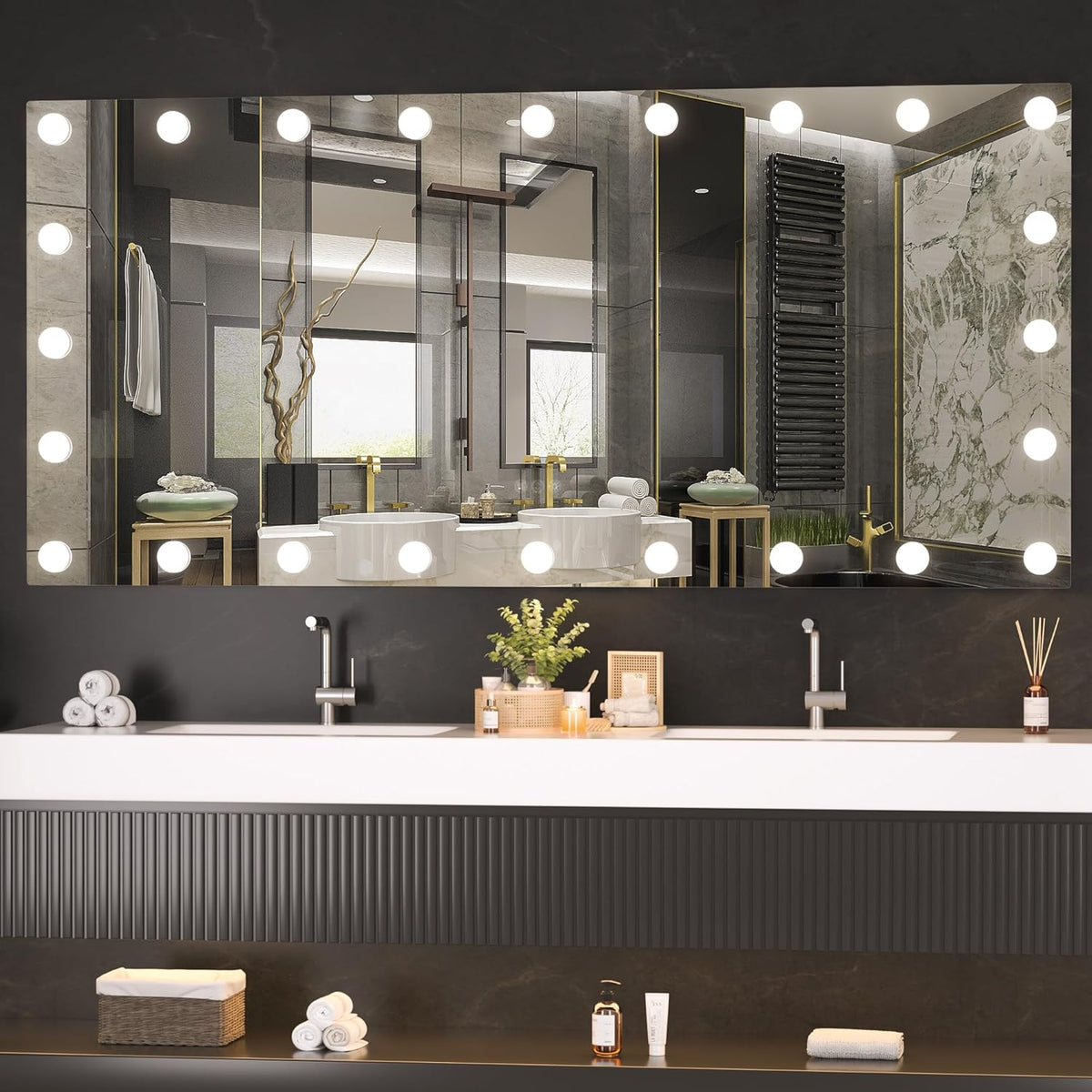 Hasipu LED Bathroom Mirror with Lights, 59" x 28" Hollywood Wall-Mounted Bathroom Mirror with 24 Dimmable Bulbs, 3 Colors Modes, Touch Control, Anti-Fog, Memory Function, Shatter-Proof, ETL Listed