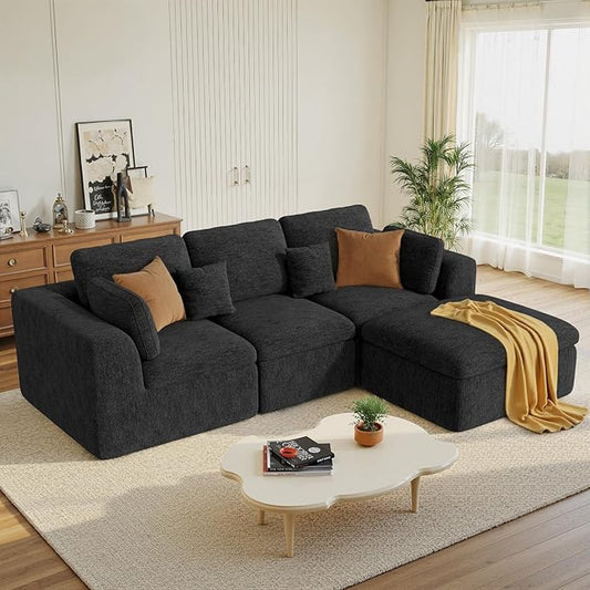 115" Cloud Boneless Sectional Couch, Deep Seat L Shaped Modular Couch with Ottoman, Oversized Upholstered Convertible 4 Seater Modular Sofa for Living Room,Black Chenille