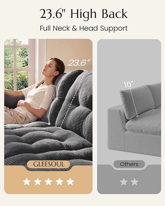 High Back Boneless Couch, Oversized Cloud Couch with Versatile 2-Pack Pillow Blankets, Corduroy Modular Sectional Sofa with Ottoman, No Assemble Sectional Couches for Living Room, Dark Grey