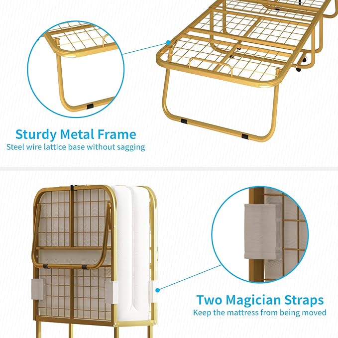 Mjkone Folding Bed with 4" Memory Foam Mattress for Guests – Single Rollaway Bed, Space-Saving Portable Design, Lockable Wheels & Easy Assembly, 75" x 46" Foldable Guest Bed Frame (Gold)