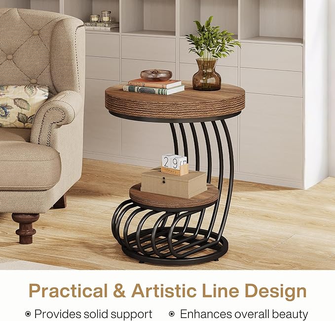 Tribesigns Round End Table Set of 2, 2-Tier Farmhose Wood Side Table with Shelf Storage, Small Sofa Side Bedside Nightstand, Accent Furniture for Living Room, Light Brown