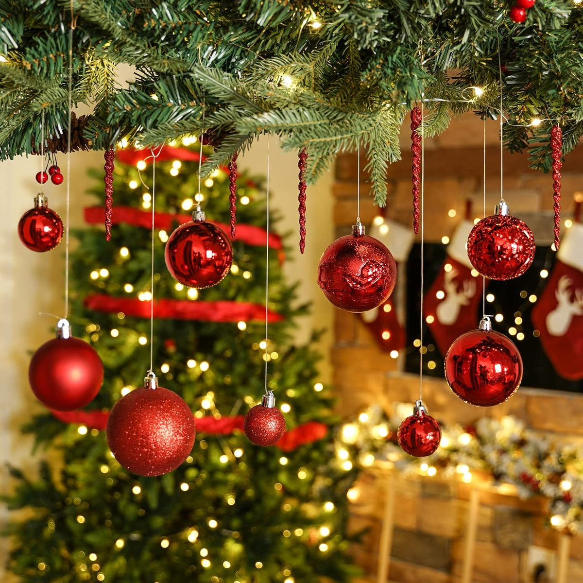 41PCS Christmas Ball Ornaments for Christmas Tree Decorations, Xmas Tree Red Shatterproof Ball Ornaments with Hanging Loop for Holiday and Party Decoration