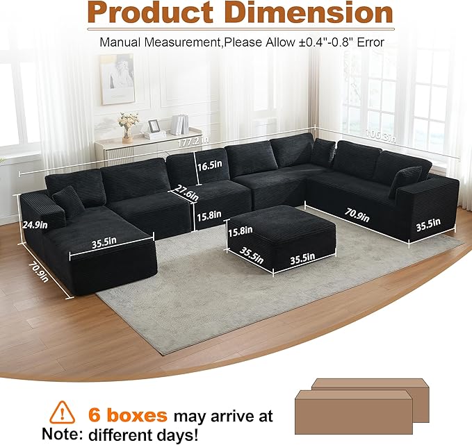 Modular Sectional Cloud Couch for Living Room,Modern Boneless Couche Set with Plush Corduroy,Comfy Floor Sofa with Memory Foam,Stupendous U Shaped Sofa with Ottoman,No Assembly Required,Black