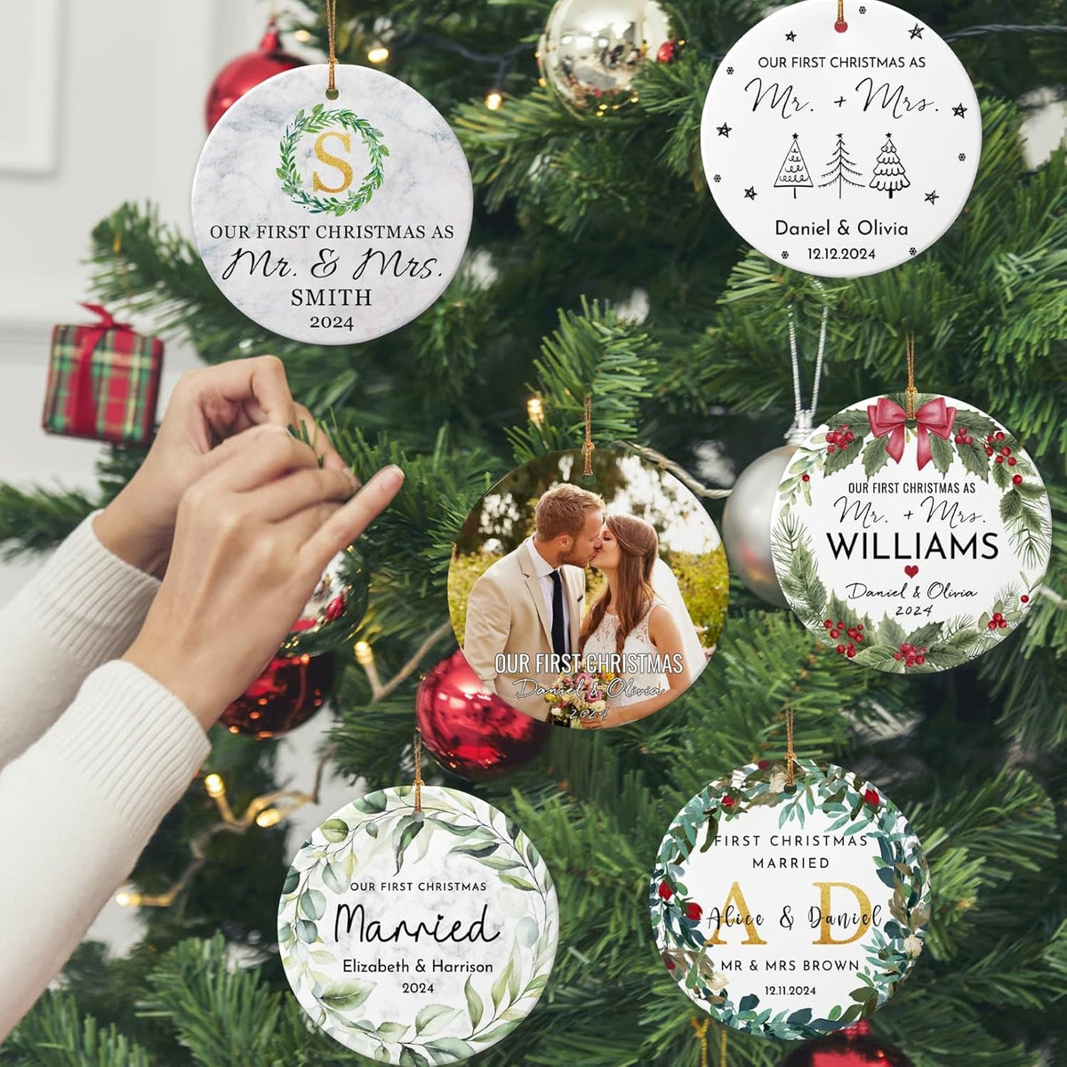Personalized First Christmas Married Ornament 2025 Custom Mr and Mrs Wedding Christmas Ornaments with Name Date for Couples,Double-Sided Ceramic Customized Engagement Ornament