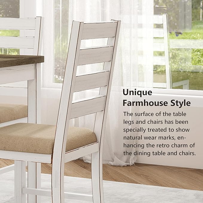 Farmhouse Dining Table Set for 6 Person, 59" Kitchen Table Set with 6 Upholstered Chairs, White Rectangular Dinner Room Table & Chairs Set Rustic Wood Stable (6 Chairs)