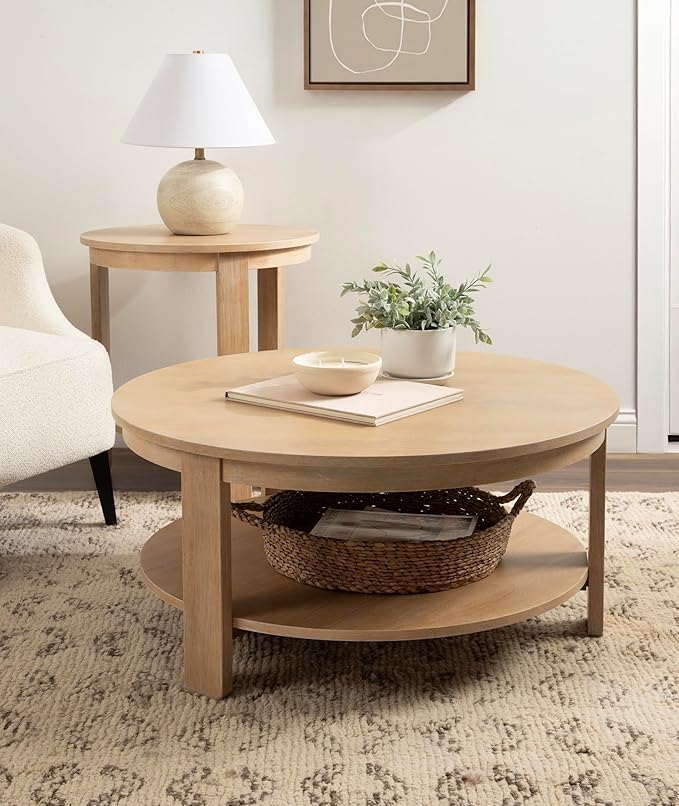 Kate and Laurel Foxford Tiered Round Coffee Table; 34 x 34 x 17; Light Natural; Transitional Two-Tier Circle Living Room Table with Storage and Resilient Wood Construction