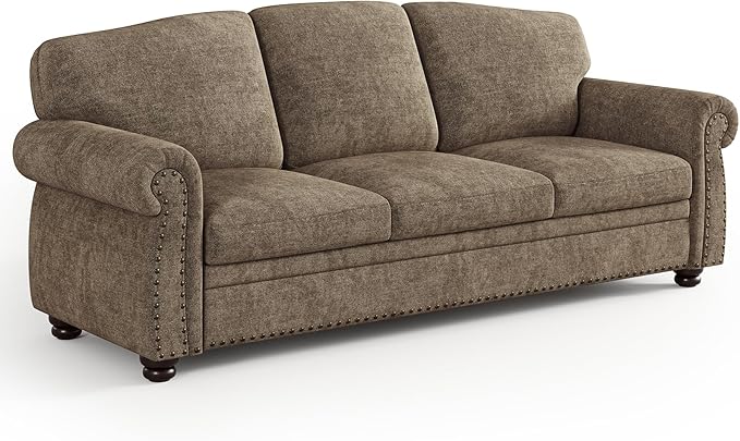 ONBRILL 90 Inch Nailhead Trim Couch for Living Room, 23 Inch Deep Seat Rolled Arm Sofa, Comfy Upholstered 3 Seater Chenille Couch w/Wooden Leg, Large Traditional Sofa for Farmhouse, Brown