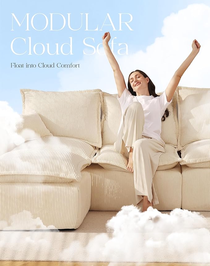 107" Comfy Cloud Couch with L-Shape Chaise & Deep Seat, Modular Sectional Sofa in a Box, Boneless Upholstered Couches for Living Room, No Assembly Required (Soft Corduroy, Beige)