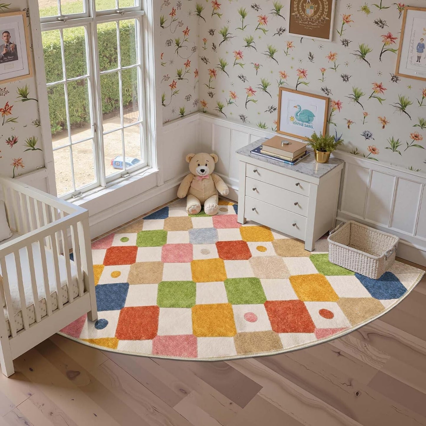 jinchan Kids Rug for Nursery 6ft Radius Corner Washable Area Rug Modern Colorful Quarter Circle Rug Soft Non-Slip Carpet for Bedroom Playroom Daycare Reading Nook Kitchen Classroom Circus on Cream