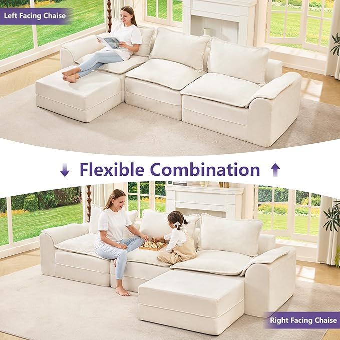Hobestluk 120" Cloud Modular Sectional Couch 3-Seater Sofa with Ottoman L Shaped Sofa with Removable Cover Large Sofa Couch for Living Room (Beige, 3-Seater Sofa with One Ottoman)