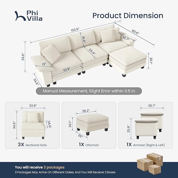 PHI VILLA Cloud Modular Couch Sets, 123.6" Sectional Sofa with L-Shaped Chaise Ottoman, 4-Seater Couches with Upholstered Deep Seat for Living Room, Chenille Corduroy Dual Fabric, Beige