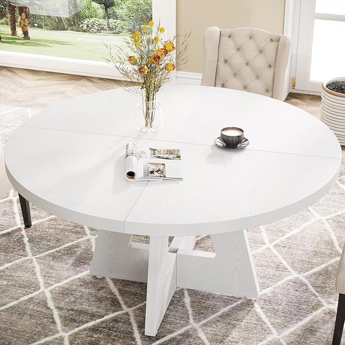 Tribesigns Farmhouse Dining Table, 47 Inch Round Dinner Table for 4, Rustic Round Dining Room Table for Home Dining Room Living Room (White)