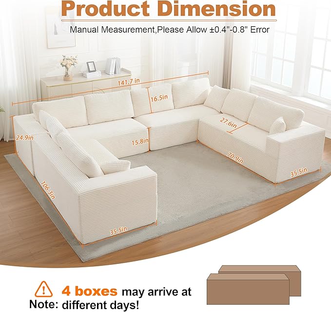 Modular Sectional Cloud Couch for Living Room,Modern Boneless Couche Set with Plush Corduroy,Comfy Floor Sofa with Memory Foam,Stupendous U Shaped Sofa,No Assembly Required,Beige