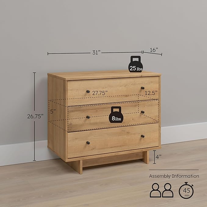 Prepac Finnley 3-Drawer Nightstand in Natural Oak, Extra-Wide Bedside Table with Storage, Modern End Table for Home, Bedroom, 16" D x 31" W x 26.75" H