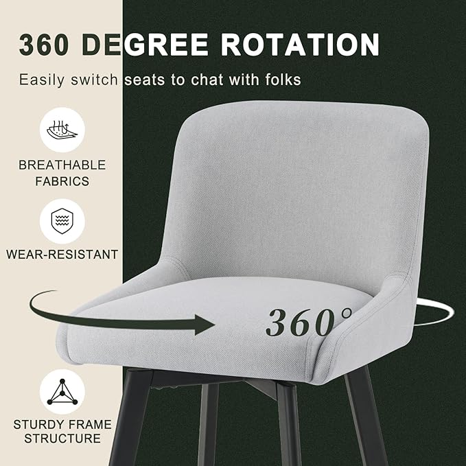 Swivel Bar Stools Set of 2, 26''H Upholstered Barstools with Backs, Modern Counter Height Bar Stool Chairs for Kitchen Island, Metal Legs, Fabric, Light Gray Counter Stools