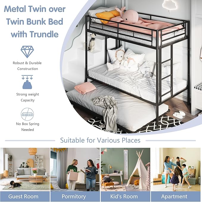 SUNLEI Bunk Bed Twin Over Twins with Trundle, Metal Loft Bed with 2 Secured Ladders, Trundle Beds Twin Safety Guard, Space-Saving, Noise Free for Small Bedroom, Black (Twin Over Twins)