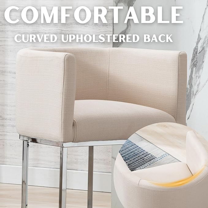 Contemporary Cream Linen Bar Stools Set of 4, 24" Upholstered Fabric Counter Height Barstools Kitchen Counter Island Stools with Screwed Together Chrome Finish Base