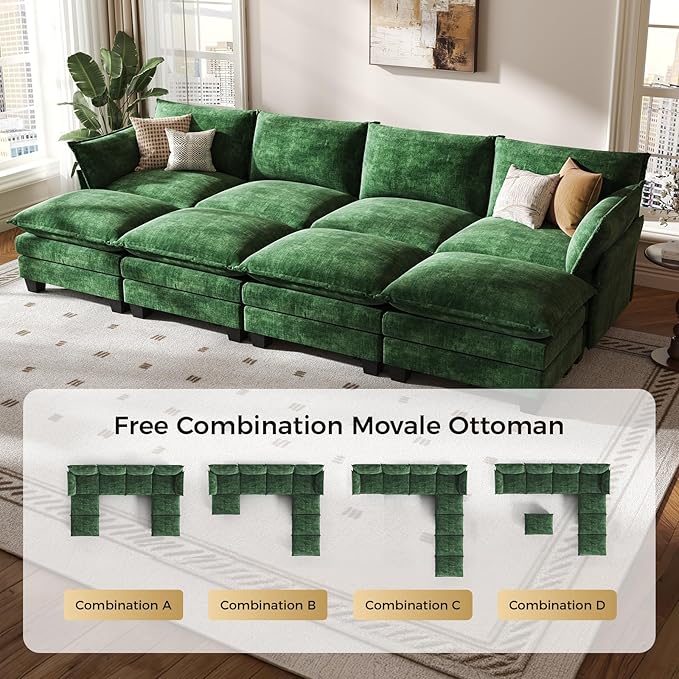 KKL 120" Huge Modular Sectional Sofa Bed, 8 Seater Convertible J/L/U-Shaped Sleeper Cloud Couch with Ottoman, Chenille Sectional Couches for Living Room, Apartment, Green