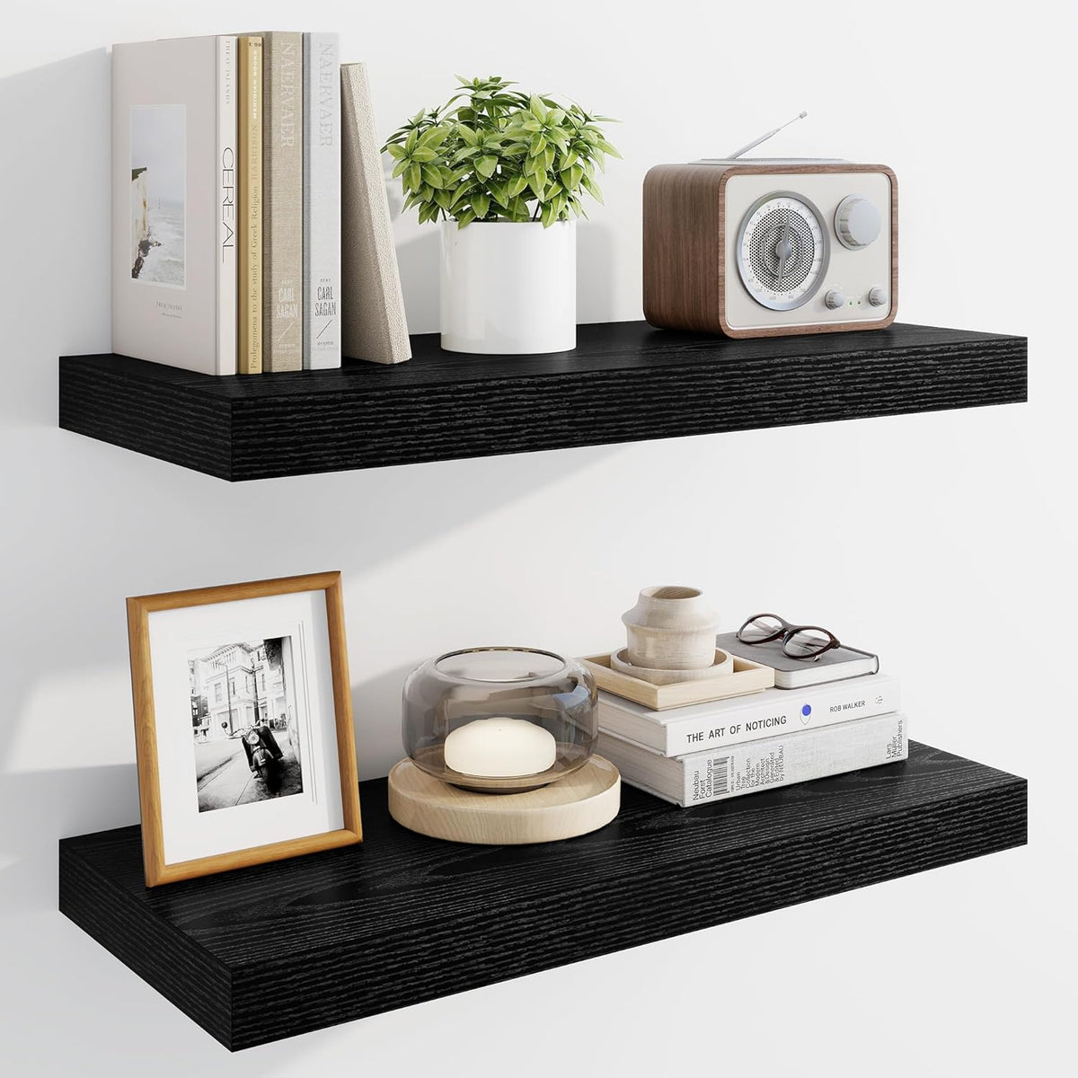 Marsmiles 24" Floating Shelves for Wall, Wooden Shelves with Invisible Brackets Set of 2, Rustic Farmhouse Wall Mounted Shelf for Kitchen Bathroom Living Room Study, Black