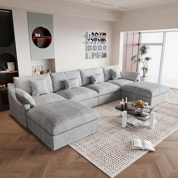 JACH U-Shaped Sectional Couches for Living Room, Cloud Sectional Couch with Deep Seat, 155.9" Modular Sofa with Chaise, Covers Removeable & Washable, Sofas Furniture for Living Room, Light Grey