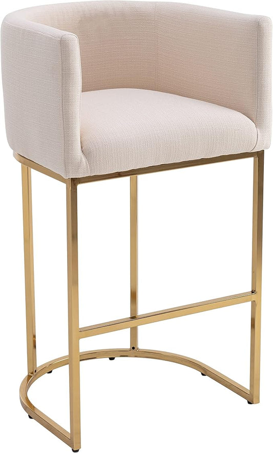 Contemporary Cream Linen Bar Stool, 32" Upholstered Fabric Counter Height Barstool Kitchen Counter Island Stool with Golden Metal Base