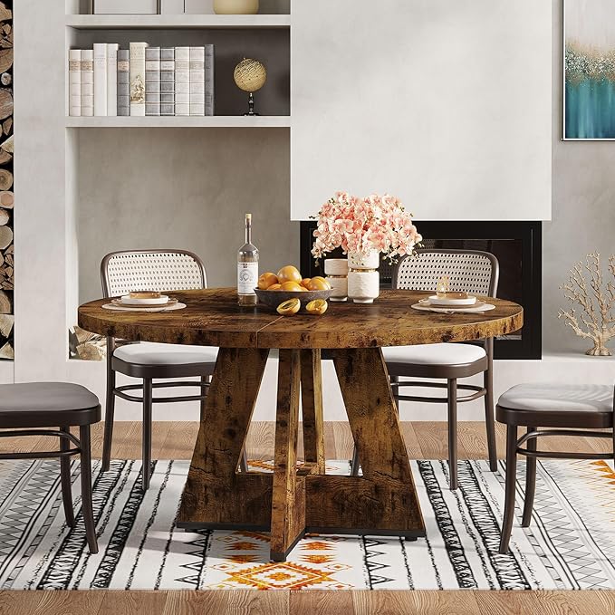 Tribesigns Round Dining Table for 4, 47 inch Farmhouse Circle Kitchen Table with Wooden Pedestal Base for Kitchen, Dining Room, Living Room (Rustic Brown)