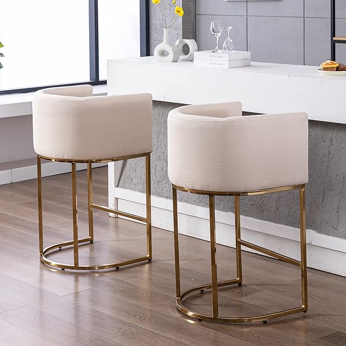 Contemporary Cream Linen Bar Stools Set of 2, 29" Upholstered Fabric Counter Height Barstools Kitchen Counter Island Stools with Screwed Together Golden Metal Base