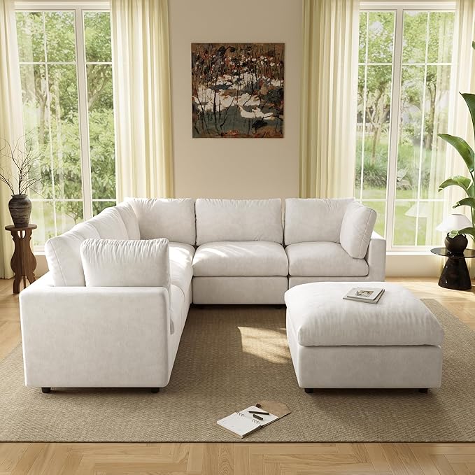 WJShome Modern V Shaped Sectional Couches for Living Room,100 Inch 5-Seater Chenille Deep Seat Modular Sofa with Ottoman, Cloud Couch for Bedroom and Apartment，Beige