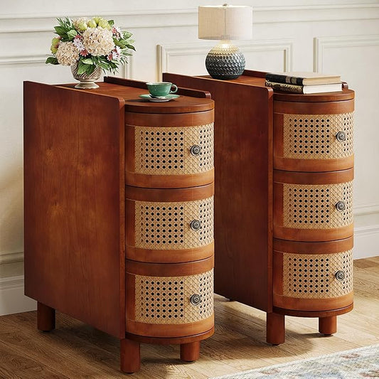 Tribesigns Solid Wood End Table Set of 2, 3-Drawer Rattan Side Table, Night Stand with 3 Rattan Drawers and Exquisite Embossed Handles for Living Room, No Assembly Required (Walnut & Oak)