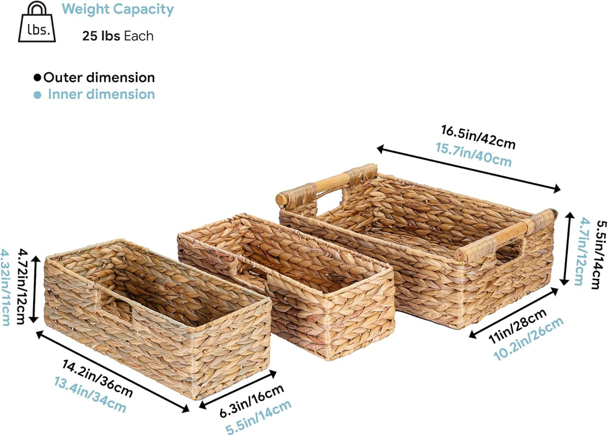 VATIMA Large Water Hyacinth Storage Baskets for Organizing with Wooden Handles for Shelves, 2 Bathroom Small Basket, Water Hyacinth Toilet Paper Baskets, Set of Natural Wicker Storage Basket for Home