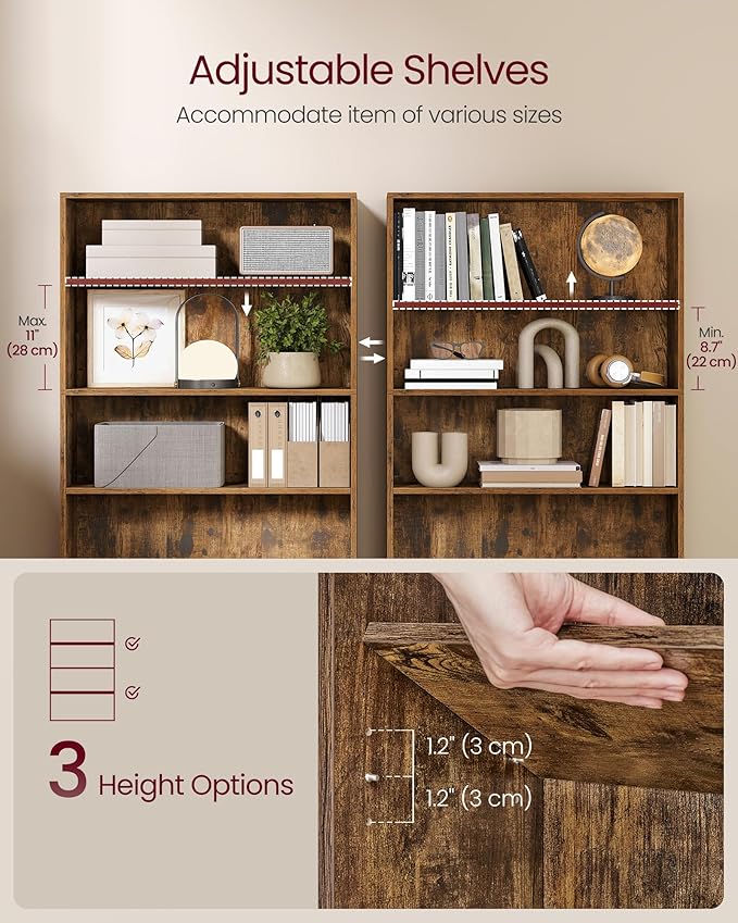 VASAGLE Custos Collection - Bookshelf, 4-Tier Bookcase, Book Shelf, Open Storage Shelf, 9.4 x 31.5 x 42.5 Inches, for Living Room, Home Office, Dining Room, Rustic Brown ULBC174K01