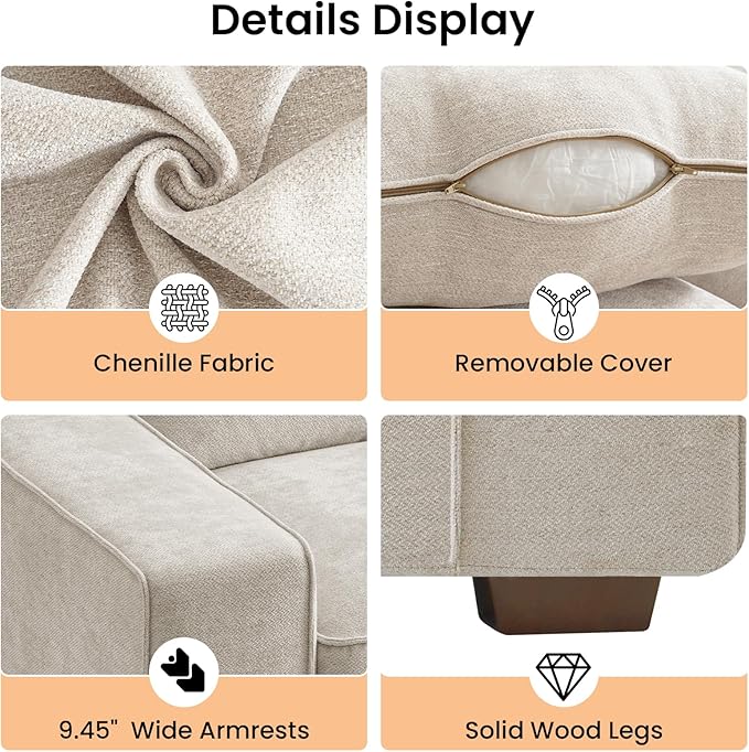RISAR 88.58" Modern Sofa for Living Room, Chenille Couch with Removable Cover & Spring Cushions, Solid Wood Frame, Easy Assembly for Small Spaces (Beige)
