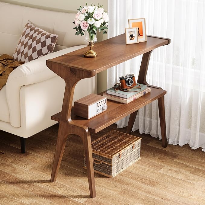 Tribesigns Set of 2 Solid Wood End Table, 2-Tier Farmhouse Couch Side Table, Rustic Tall Sofa Side Table with Storage Shelf for Living Room, Skinny Bedside Table, Nightstand for Bedroom, Rustic Brown
