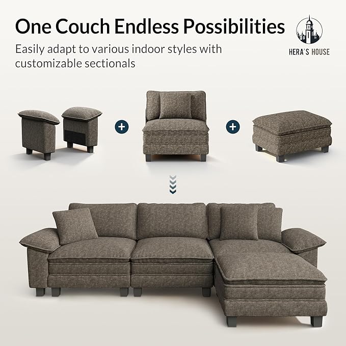 HERA'S HOUSE 124" Modular Sectional Sofa, Oversized L Shaped Couches for Living Room, Comfy Cloud Couch with Ottoman, 4-Seater Deep Seat Sofa with Throw Pillow, Chenille Ash