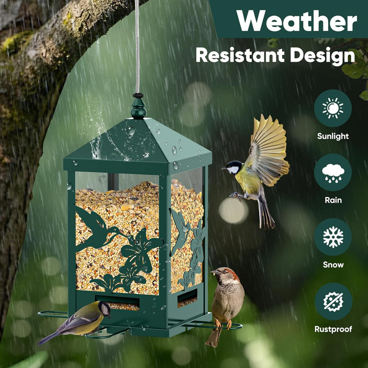 Squirrel Proof Bird Feeders for Outdoors, 6LBS Extra Large Capacity Hanging Metal Bird Feeder with Weight-Activated Perches, Wild Bird Feeders for Outside Finch, Cardinal, Blue Jay
