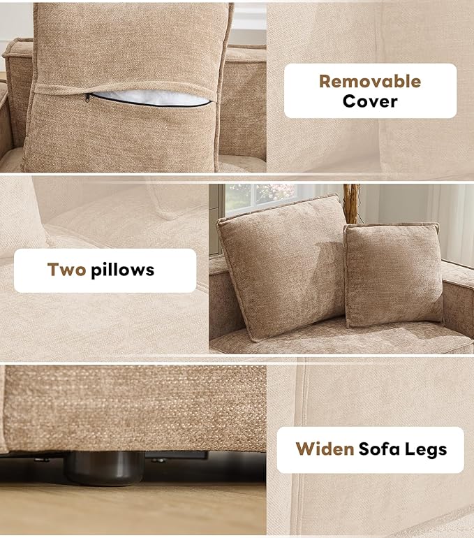 WILLOVE 47'' Single Sofa with Ottoman, Chenille Cloud Couch with Wide Armrests & 3 Pillows, Deep Seat Couches for Living Room, Khaki