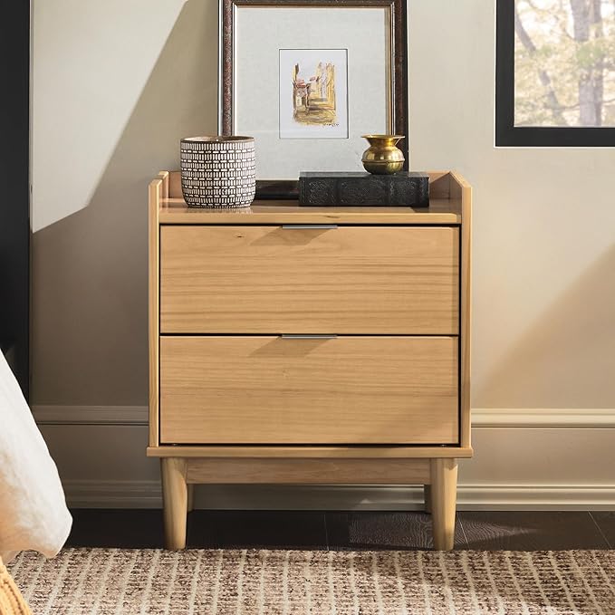 Walker Edison Blythe Mid-Century Modern Tray-Top 2-Drawer Nightstand, 20 Inch, Natural Pine