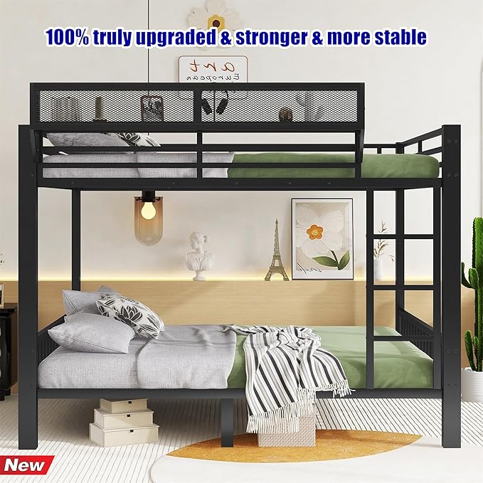 Latest Upgrade & Stronger Steel Queen Over Queen Bunk Bed, Heavy Duty Thickened More Rust-Proof Metal Bunk Queen Bed with Enhanced Legs & Slats (Easier Assembly)