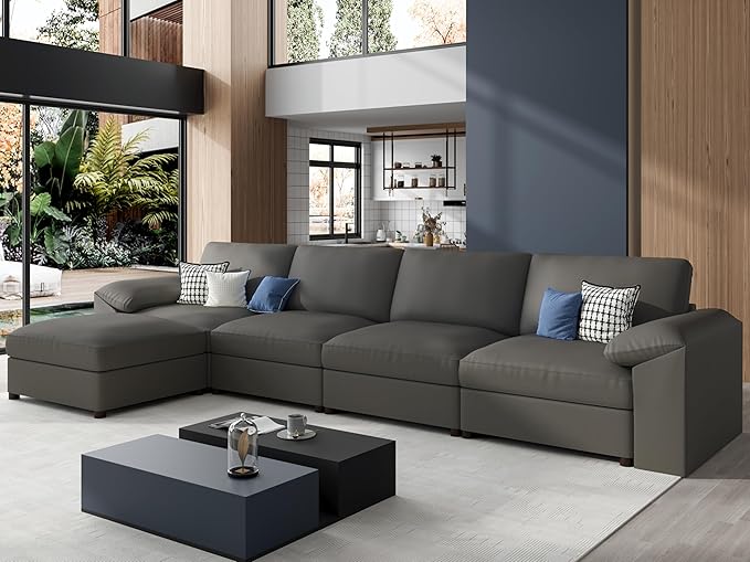 EASE MOOSE Oversized Modular Sectional Sofa,Leather Sectional Couch with Deep Seat,Extra Large L Shaped Couch,Modern Comfy Scratch Resistant Faux Leather Material Sofa,Grey