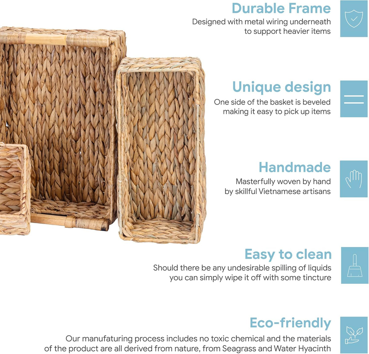 VATIMA Large Water Hyacinth Storage Baskets for Organizing with Wooden Handles for Shelves, 2 Bathroom Small Basket, Water Hyacinth Toilet Paper Baskets, Set of Natural Wicker Storage Basket for Home