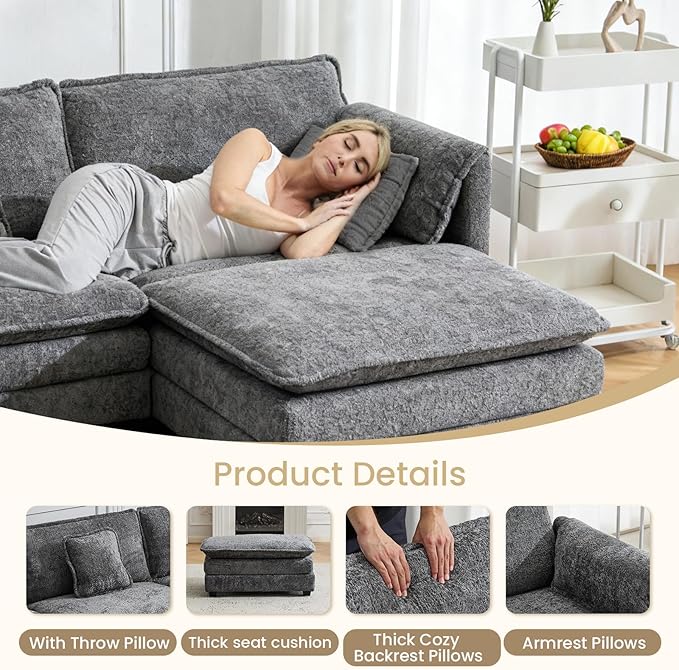 112" U Shaped Modular Sectional Sofa, 3 Seater Comfy Cloud Couch with Movable Ottoman, Deep Seat Couches for Living Room, Bedroom, Apartment (Grey)