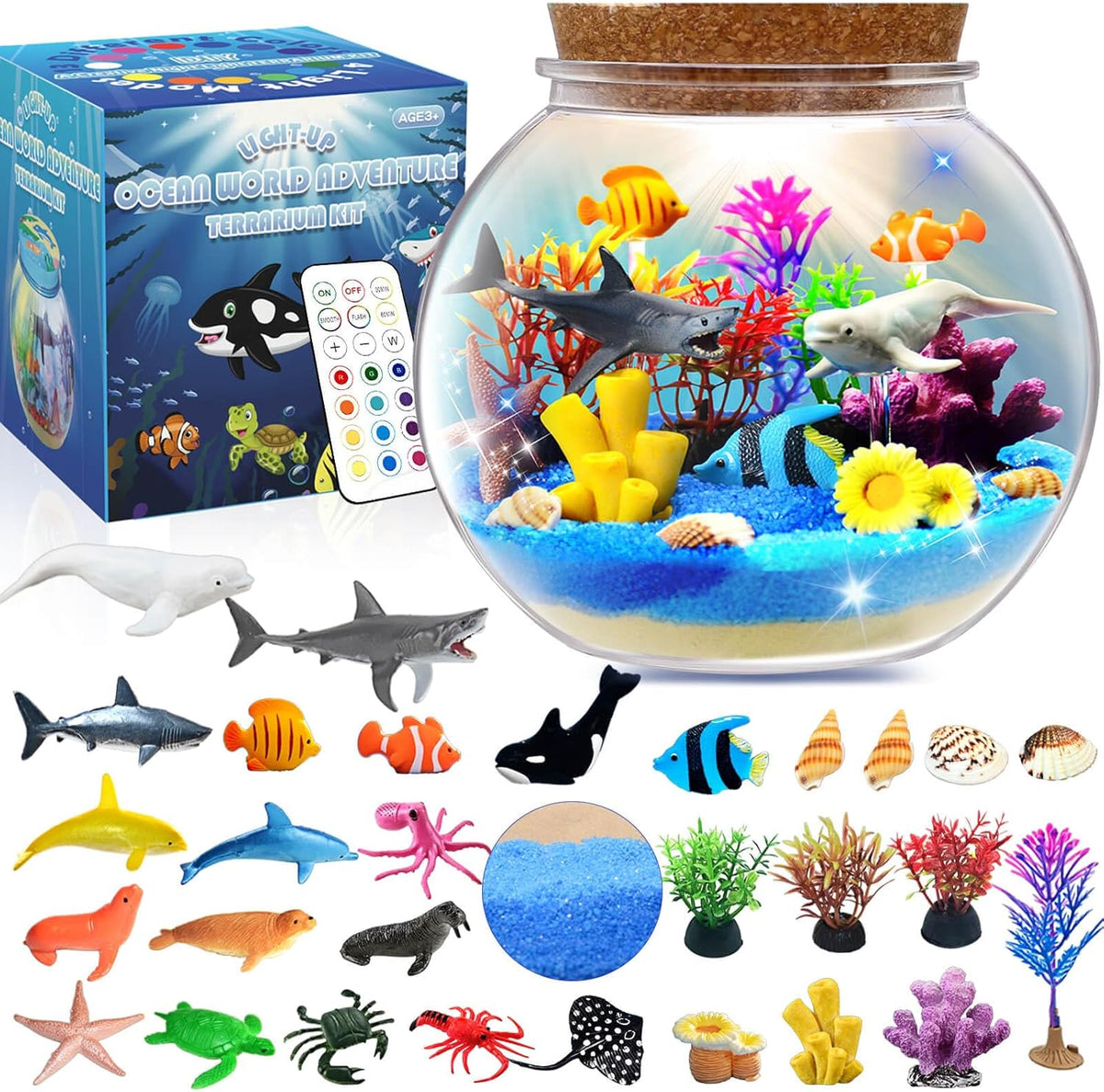 Ocean Light Up Terrarium Kit for Kids - Sea Animal Toys LED Night Light Birthday Gift for Boys & Girls Ages 4 5 6 7 8-12, Kids Arts & Crafts Kit