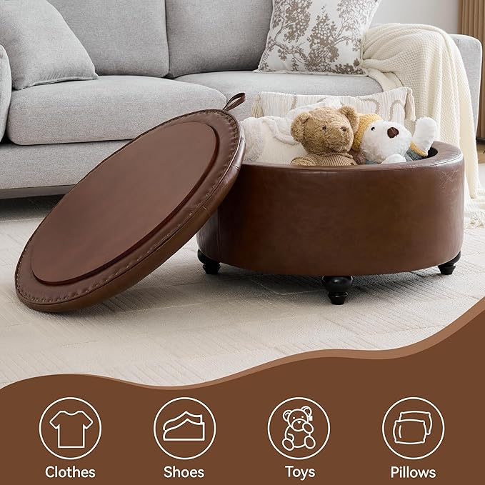 30Inch Round Storage Ottoman with Tray, Modern Tufted Leather Circle Coffee Table with Storage, Upholstered Ottoman with Removable Top for Living Room, Bedroom, Leather Coffee