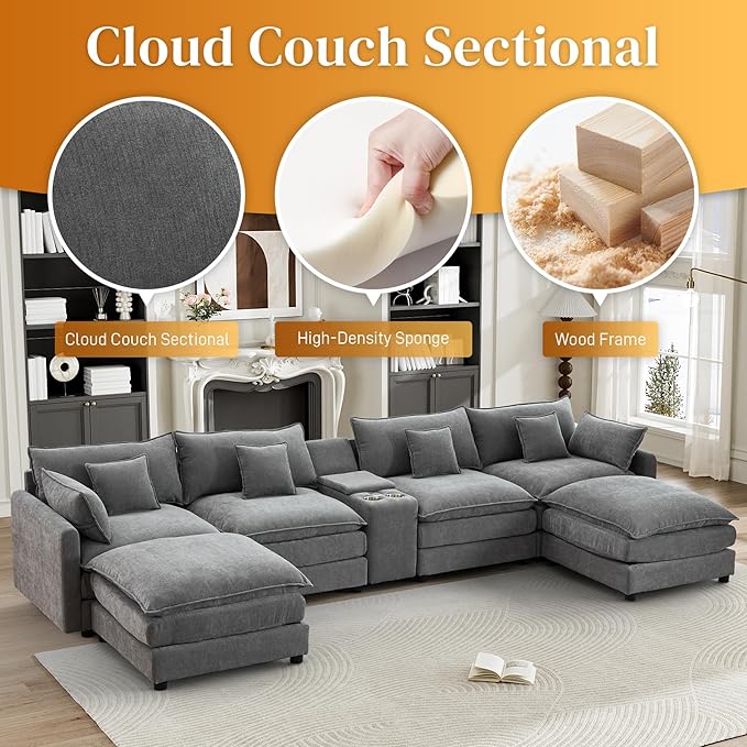 HYJT-H&K 145" U Shaped Cloud Couch Modular Gray Sectional Couches for Living Room, Comfy Fluffy Chenille Oversized Cloud Sectional Couch Large 6 Seat Sectionals Sofa Set Central Console USB Port