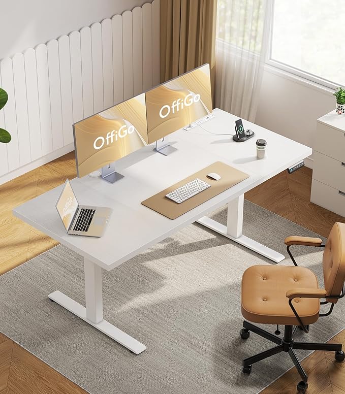OffiGo Electric Standing Desk with 3-Piece Board, 71 Inch Height Adjustable Large Table with Power Outlets, Sit Stand Table, Writing Computer Desk for Home, Office, Workstation, White