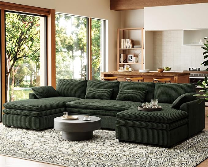 Belffin Large Modular Sectional Sofa with Double Deep Chaise, 135" Corduroy U Shaped Sectional Couch with 9" Soft Dual-Layer 6 Seats U Shaped Couch for Living Room, Apartment, Green