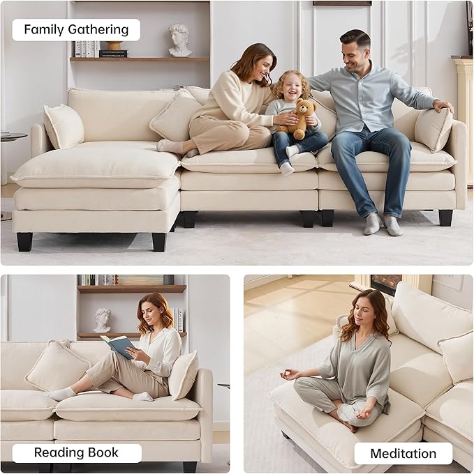 108" Modular Sectional Couches for Living Room with Ottoman, L Shaped Cloud Couch with Charger, USB & Type-c Port, Comfy 4 Seats Sofas with Deep Seat, Chenille Fabric, Beige