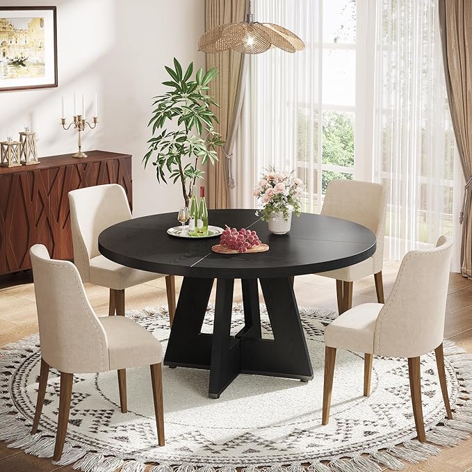 Tribesigns Farmhouse Dining Table, 47 Inch Round Dinner Table for 4 (Black)